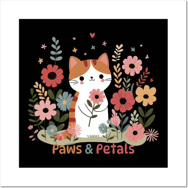 Paws and Petals | Cute Kawaii Kitty Cat with Flowers | Kitty Cat Lover Design Wall Art by Nora Liak